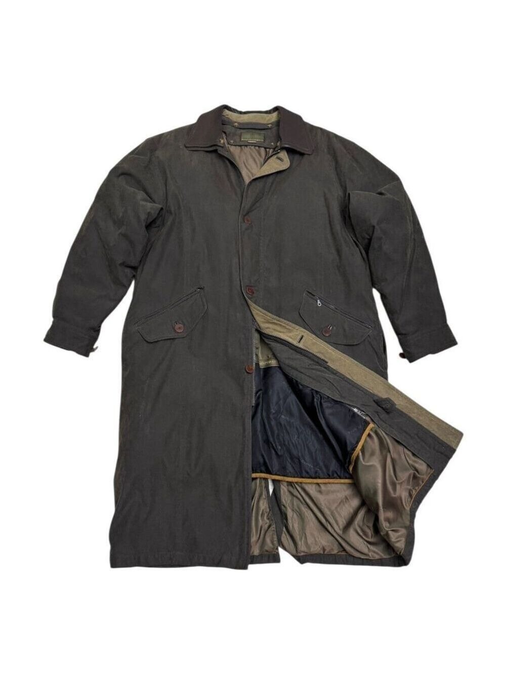 RAINFOREST Leather Trim Vintage Luxury Designer Long Trench Coat Mens Large